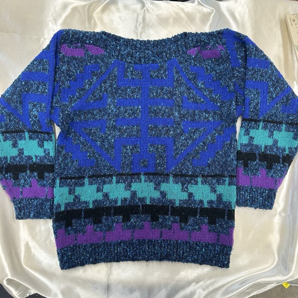 VTG 80s 90s Duet Metallic Sparkle Grandpa Sweater Geometric Abstract Blue Purple